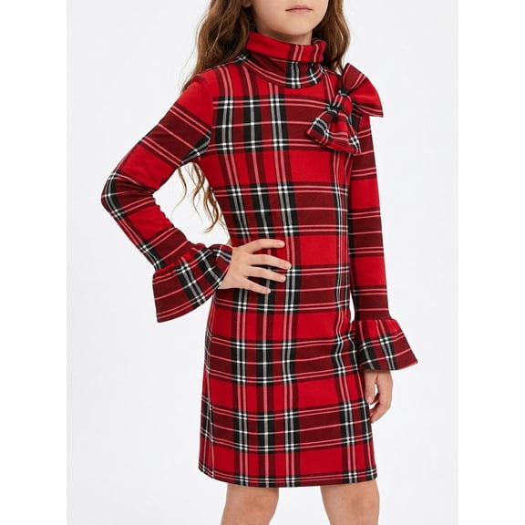 PureChapter Girls Dresses Christmas Plaid Print Mock TurtleneckLong Sleeve Midi Dress Holiday Party Dress for 11-12 Years
