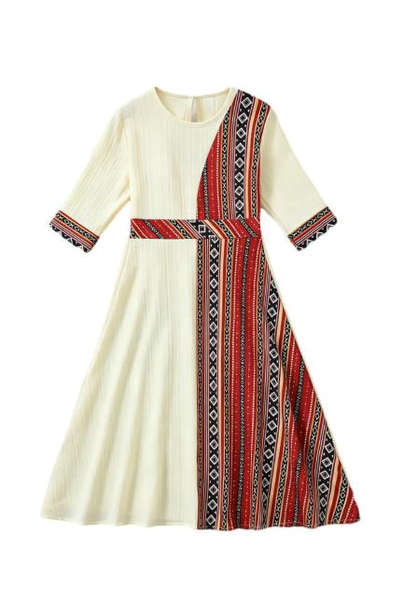 Girls Dresses Ethnic Patchwork Mid-Sleeve Bohemian Striped Print Midi Dress for 8-12Y