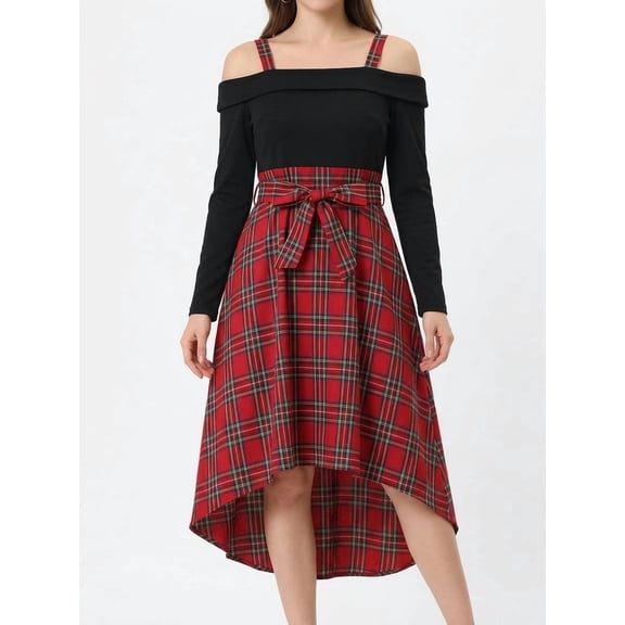 PureChapter Girls Dresses Off‑Shoulder Long Sleeve Plaid Midi Dress Christmas Holiday Party Dress 11 Years