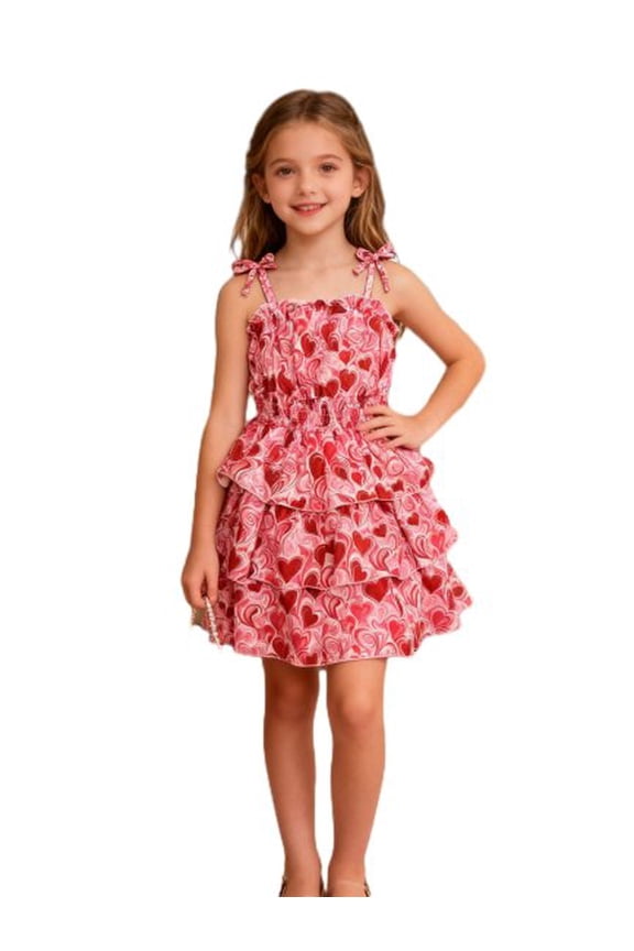 Girls Dresses Red Heart Print Spaghetti Strap Dress, Ruffle Tiered Casual Valentine's Day Sundress