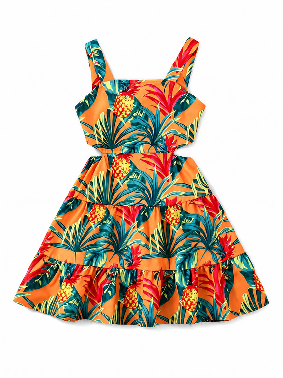 Girls Dresses Tropical Pineapple Print Spaghetti Strap Cutout Waist Tiered Summer Sundress with Back Bow