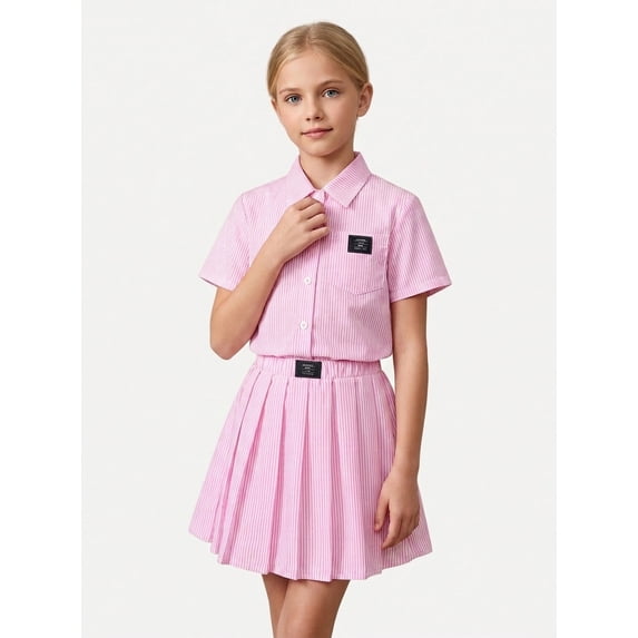 PureChapter Girls Summer Outfits Striped Short Sleeve Button Down Shirt & Pleated Skirt 2 Piece Preppy Clothes for Back to School