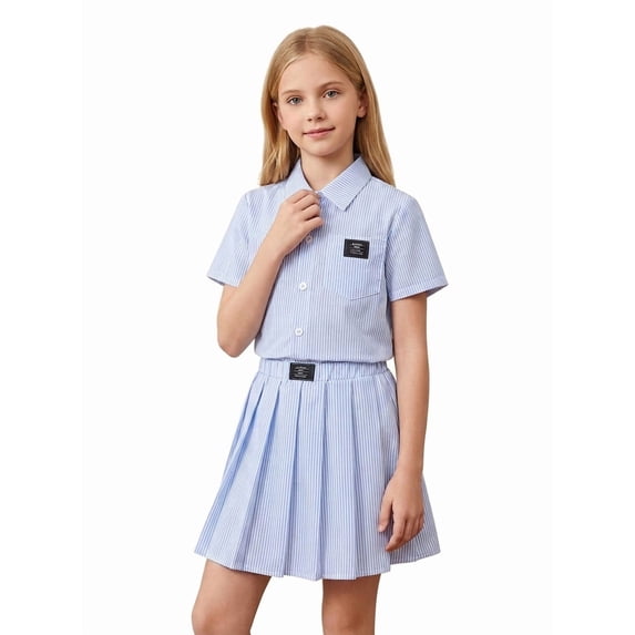 PureChapter Girls Summer Outfits Striped Short Sleeve Button Down Shirt & Pleated Skirt 2 Piece Preppy Clothes for Back to School