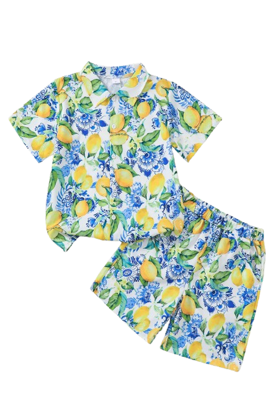 Kid Boys' Tropical Lemon Print Button Shirt & Matching Shorts 2Pcs Outfit for 8-12 Years Summer Beachwear