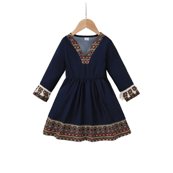 PureChapter Kids 4-7Y Bohemian Tribal Dress, Navy Blue Long Sleeve V-Neck Dress with Tassel Trim