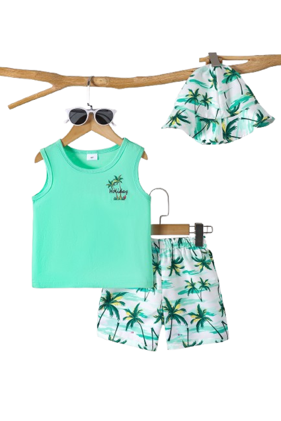 Toddler Boys 3-Piece Summer Outfit Sleeveless Coconut Tree Print Tank Top, Shorts & Hat Set, 4-7 Years