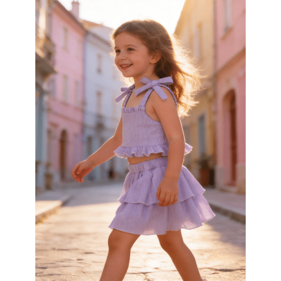 PureChapter Toddler Girls Striped Straps Crop Top & Layered Ruffle Skirt Set 2-Piece Summer Clothes