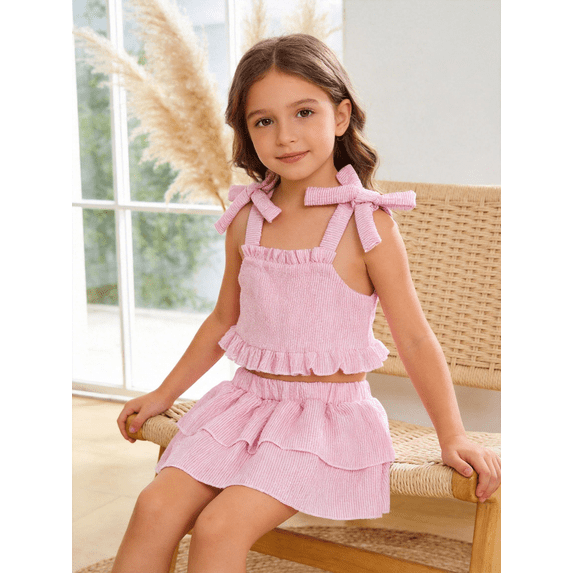 PureChapter Toddler Girls Striped Straps Crop Top & Layered Ruffle Skirt Set 2-Piece Summer Clothes