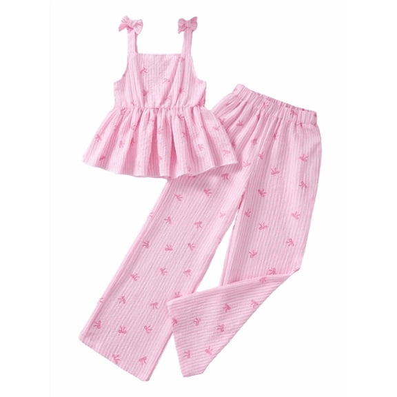 PureChapter Girls' Clothing Sets Striped Bow Print Ruffle Hem Cami Top & Straight Leg Pants 2Pcs Spring Summer Outfit From 8-12Y Pink