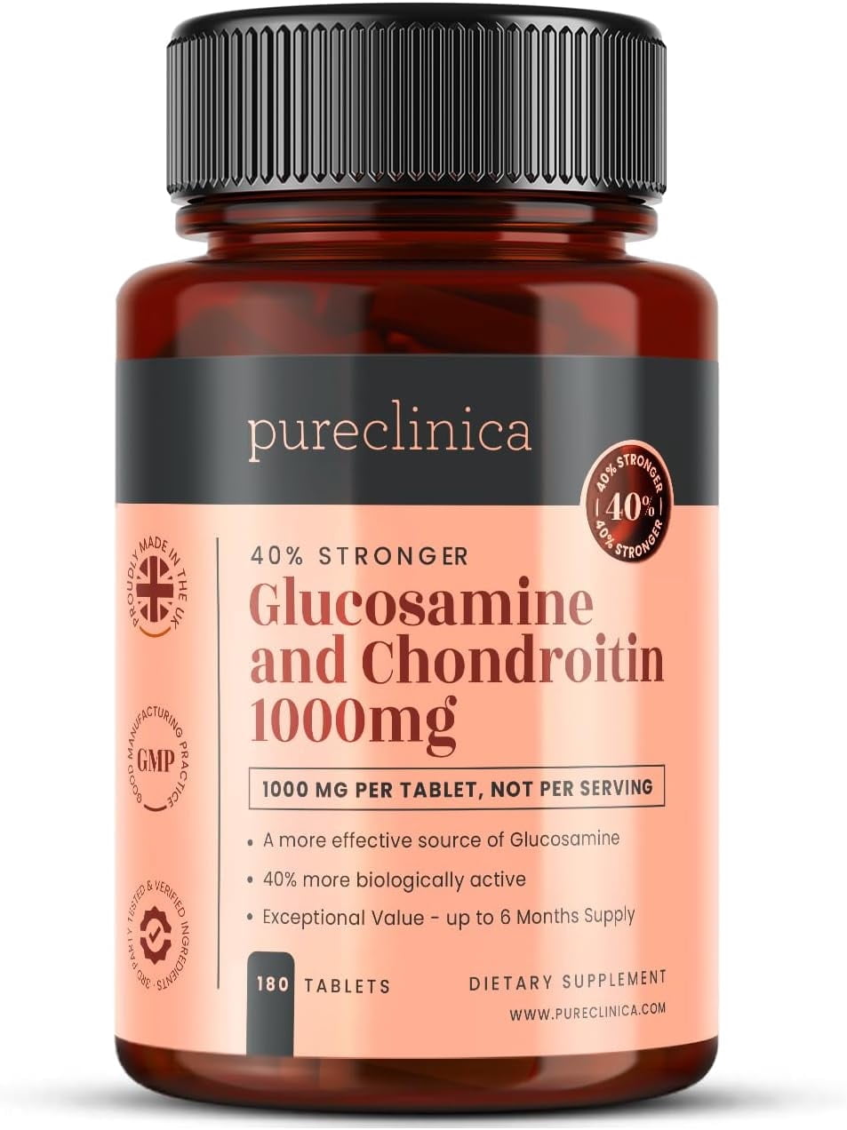 PureClinica Glucosamine HCL & Chondroitin 1000mg – 180 Tablets – High Strength Marine Chondroitin & Biologically Active Glucosamine