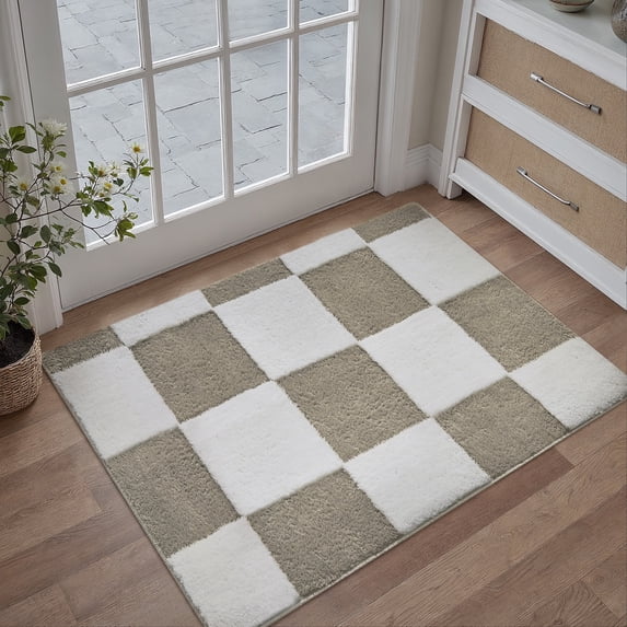 PureCozy 2'x3' Small Area Rugs for Doorway Bathroom Bedroom Entryway Kitchen Dorm Entrance Modern Shag Soft Non Slip Checkered Washable Rugs, Coffee & White