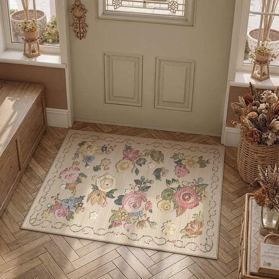 PureCozy 2'x3' Small Area Rugs for Entryway Floral Farmhouse Bedroom Bathroom Kitchen Soft Faux Wool Washable Non-slip Throw Beige Rugs Carpets, Beige