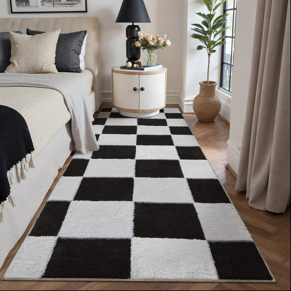 PureCozy 2'x6' Runner Rugs for Hallway Entrance Bedroom Entryway Kitchen Modern Soft Shag Non Slip Checkered Washable Runner Rug, Black & White