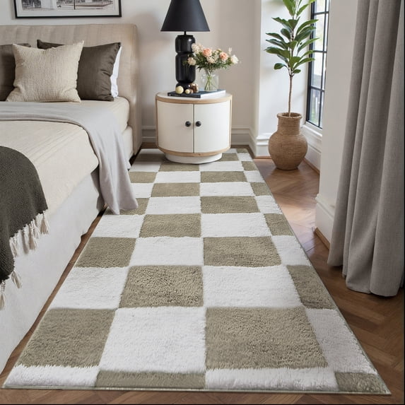 PureCozy 2'x6' Runner Rugs for Hallway Entrance Bedroom Entryway Kitchen Modern Soft Shag Non Slip Checkered Washable Runner Rug, Coffee & White