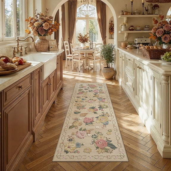PureCozy 2'x6' Runner Rugs for Hallway Floral Farmhouse Entryway Bedroom Kitchen Laundry Soft Faux Wool Washable Non-slip Beige Rugs Carpets, Beige