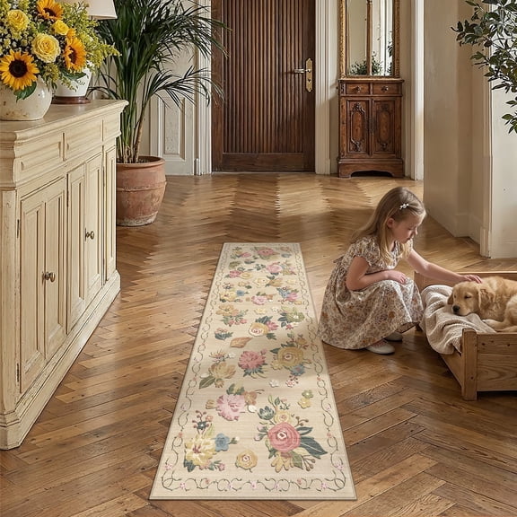 PureCozy 2'x6' Runner Rugs for Hallway Floral Farmhouse Entryway Bedroom Kitchen Laundry Soft Faux Wool Washable Non-slip Beige Rugs Carpets, Beige