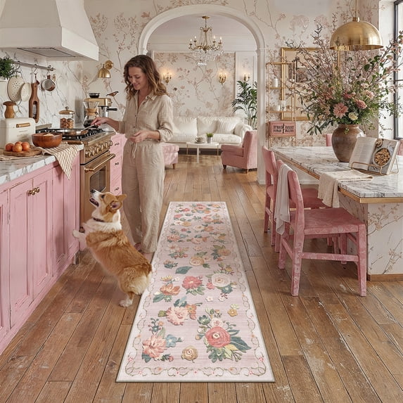 PureCozy 2'x6' Runner Rugs for Hallway Floral Farmhouse Entryway Bedroom Kitchen Laundry Soft Faux Wool Washable Non-slip Pink Rugs Carpets, Pink