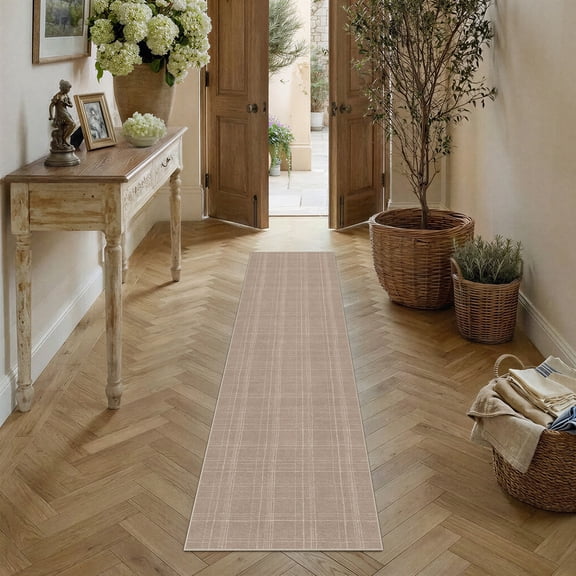 PureCozy 2'x8' Runner Rugs for Hallway Entrance Bedroom Entryway Kitchen Non Slip Washable Modern Geometric Contemporary Plaid Beige Runner Rugs, Beige