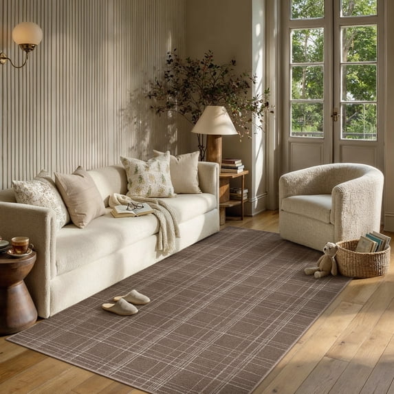 PureCozy 3'x5' Area Rugs for Entryway Entrance Kitchen Bedroom Office Rugs Non Slip Washable Modern Geometric Contemporary Plaid Brown Throw Rugs, Brown