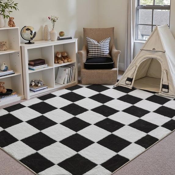 PureCozy 3'x5' Area Rugs for Entryway Entrance Kitchen Bedroom Office Rugs Modern Soft Shag Non Slip Checkered Washable Rugs, Black & White