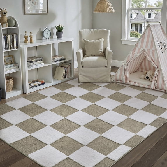 PureCozy 3'x5' Area Rugs for Entryway Entrance Kitchen Bedroom Office Rugs Modern Soft Shag Non Slip Checkered Washable Rugs, Coffee & White