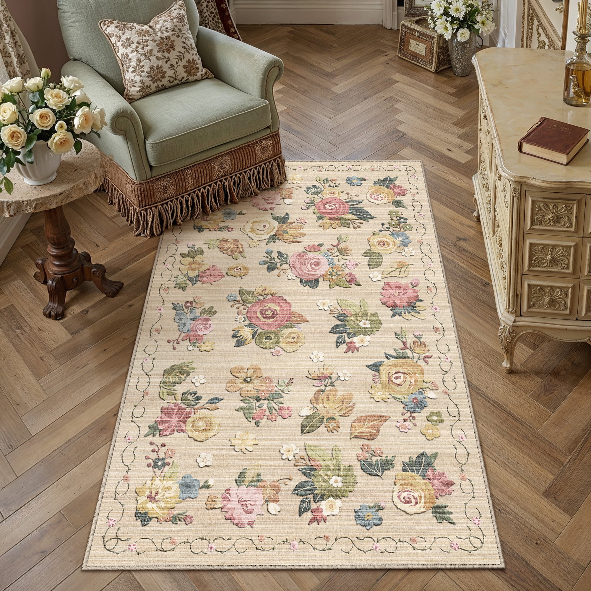 purecozy 3'x5' area rugs for living room floral farmhouse bedroom dining room soft faux wool washable non-slip throw beige rugs carpets, beige
