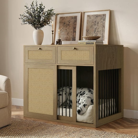 PureCozy 40 Inch Wooden Dog Crate End Table, Light Oak, Right Unit, Multifunctional Furniture Kennel with Cane Cabinet, Secure Metal Sliding Door, and 2 Large Storage Drawers for Toys & Supplies
