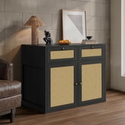 PureCozy 40 Inch Wooden Side Storage Cabinet, Black Oak, Complementary Storage Unit with Cane Doors, 2 Drawers; Pairs with PureCozy Furniture for Indoor Use.