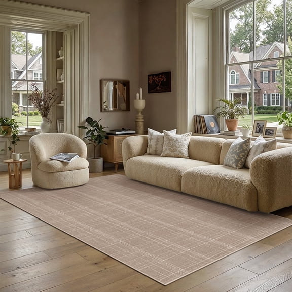 PureCozy 5'x7' Area Rugs for Living Room Bedroom Kitchen Contemporary Plaid Geometirc Modern Non Slip Washable Dorm Office Dining Room Beige Rugs Carpets, Beige