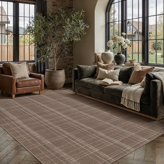 PureCozy 5'x7' Area Rugs for Living Room Bedroom Kitchen Contemporary Plaid Geometirc Modern Non Slip Washable Dorm Office Dining Room Brown Rugs Carpets, Brown