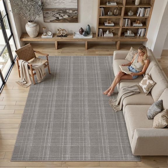 PureCozy 5'x7' Area Rugs for Living Room Bedroom Kitchen Contemporary Plaid Geometric Modern Non Slip Washable Dorm Office Dining Room Gray Rugs Carpets, Gray