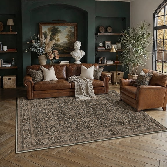 PureCozy 5'x7' Area Rugs for Living Room Bedroom Kitchen Traditional Rugs Vintage Oriental Non Slip Washable Dorm Office Dining Room Borwn Rugs Carpets, Red Brown