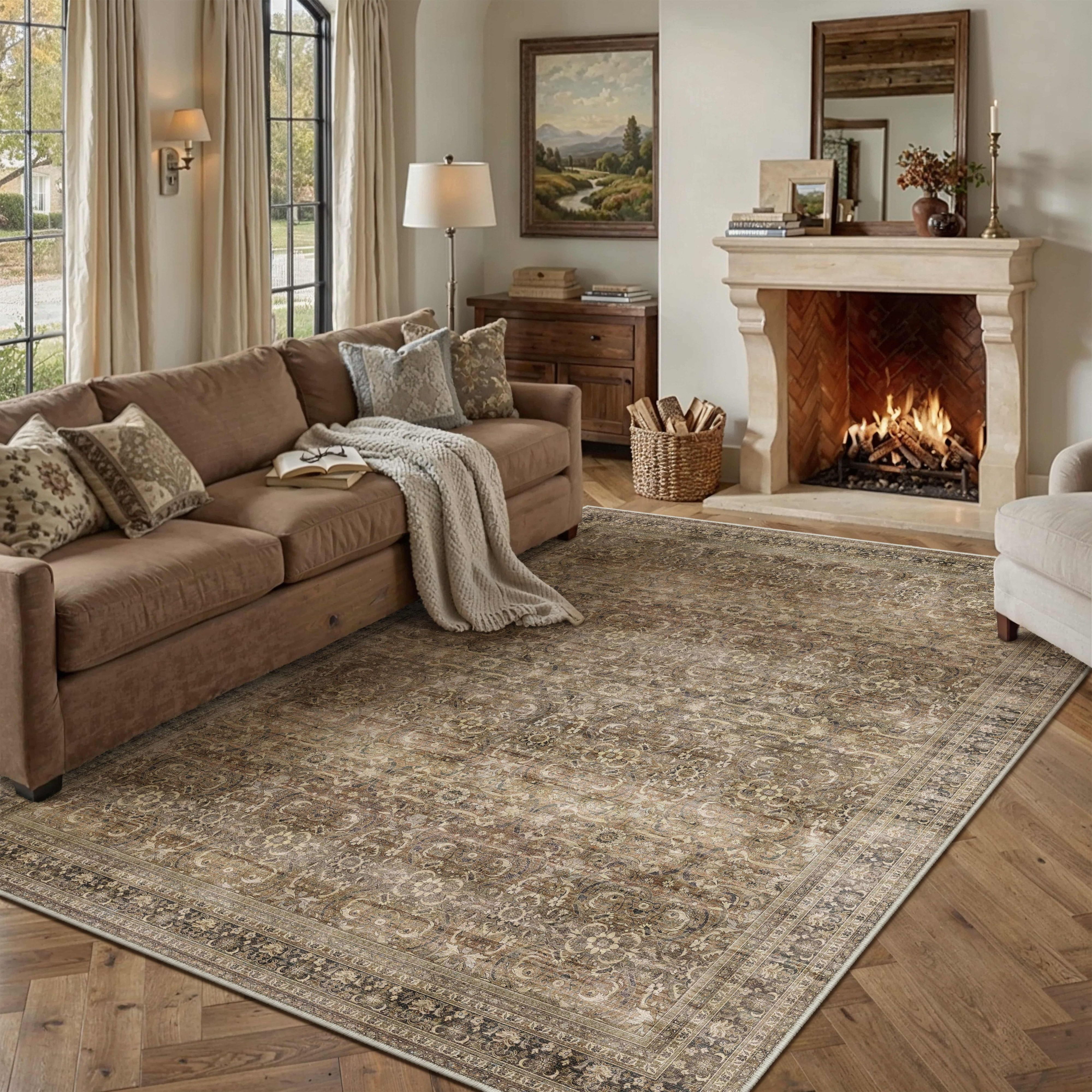 PureCozy 5'x7' Area Rugs for Living Room Bedroom Kitchen Traditional Vintage Oriental Washable Non Slip Dorm Office Dining Room Borwn Rugs Carpets, Brown