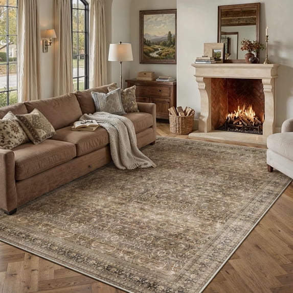 PureCozy 5'x7' Area Rugs for Living Room Bedroom Kitchen Traditional Vintage Oriental Washable Non Slip Dorm Office Dining Room Borwn Rugs Carpets, Brown