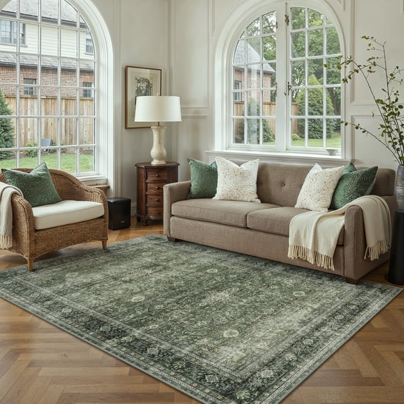 PureCozy 5'x7' Area Rugs for Living Room Bedroom Kitchen Traditional Vintage Oriental Washable Non Slip Dorm Office Dining Room Green Rugs Carpets, Green