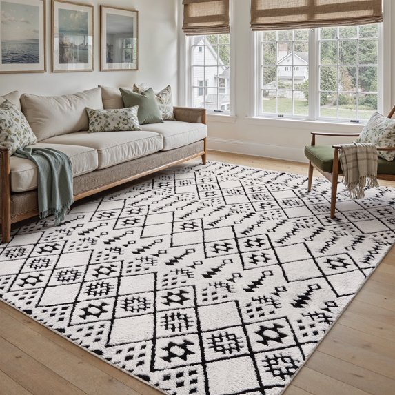 PureCozy 5'x7' Area Rugs for Entryway Entrance Kitchen Bedroom Office Rugs Boho Moroccan Soft Shag Non Slip Checkered Washable Rugs, Black