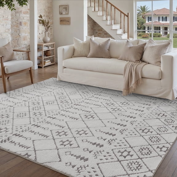 PureCozy 5'x7' Area Rugs for Entryway Entrance Kitchen Bedroom Office Rugs Boho Moroccan Soft Shag Non Slip Checkered Washable Rugs, Gray