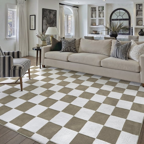 PureCozy 5'x7' Area Rugs for Entryway Entrance Kitchen Bedroom Office Rugs Modern Soft Shag Non Slip Checkered Washable Rugs, Coffee & White