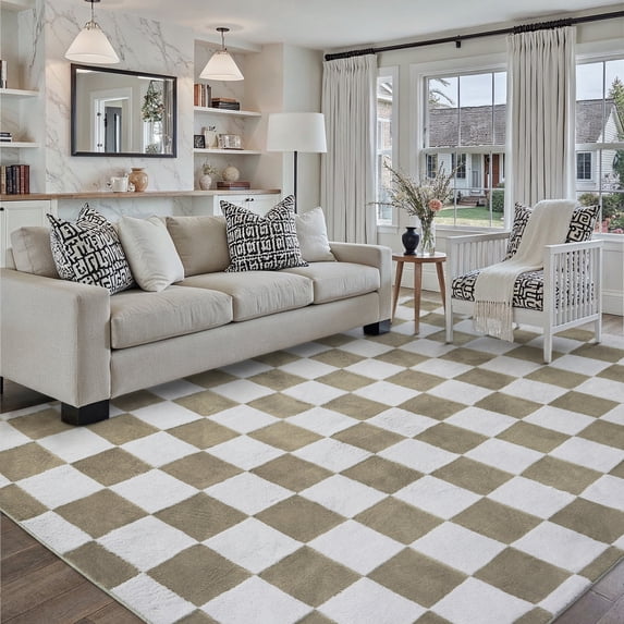 PureCozy 6'x9' Area Rugs for Entryway Entrance Kitchen Bedroom Office Rugs Modern Soft Shag Non Slip Checkered Washable Rugs, Coffee & White