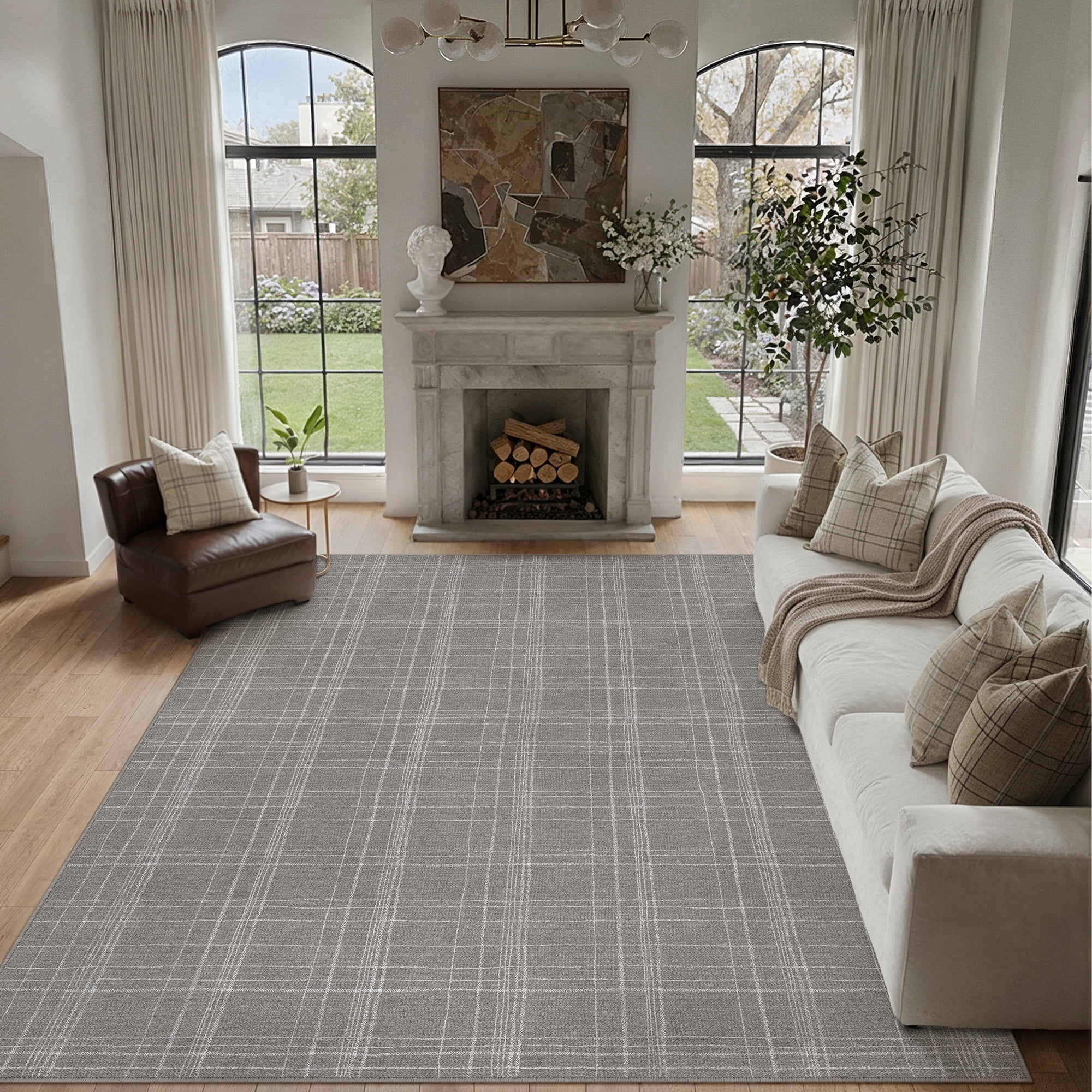 PureCozy 8'x10' Area Rugs for Living Room Bedroom Dining Room Farmhouse Office Modern Plaid Non Slip Geometirc Contemporary Large Gray Rugs Carpets, Gray