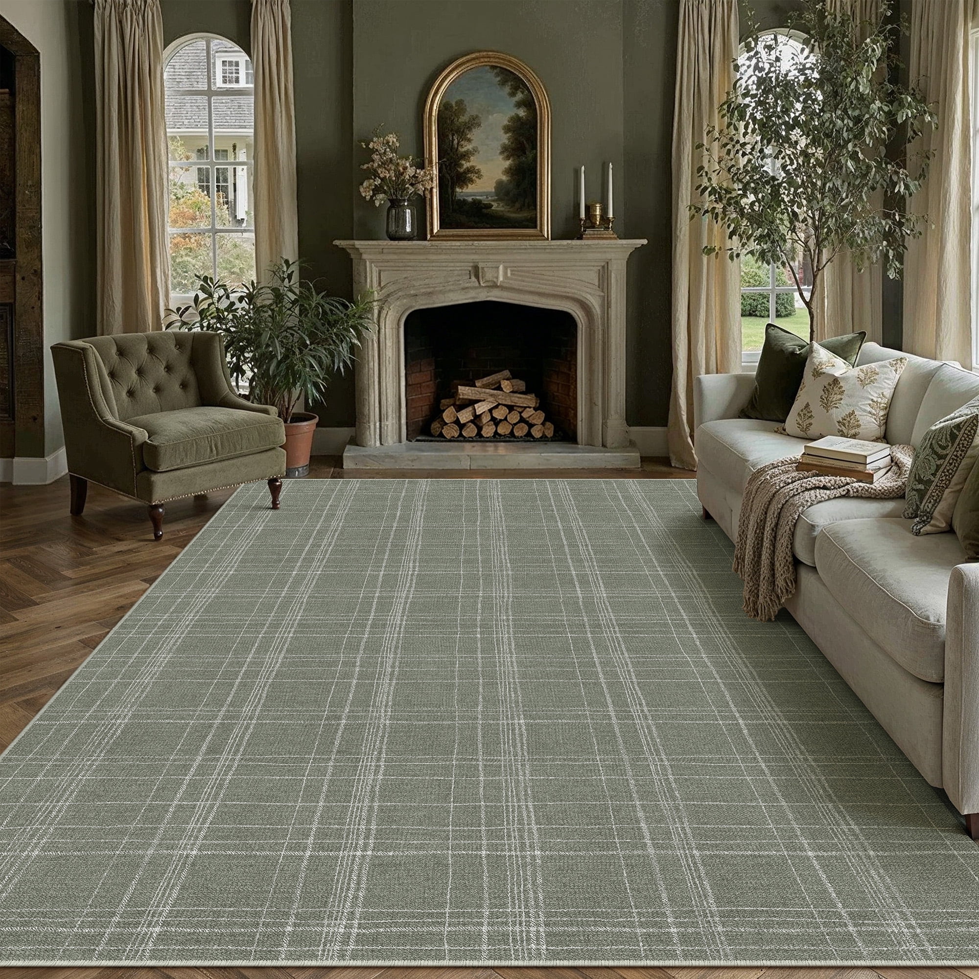 PureCozy 8'x10' Area Rugs for Living Room Bedroom Dining Room Farmhouse Office Modern Plaid Non Slip Geometirc Contemporary Large Green Rugs Carpets, Green