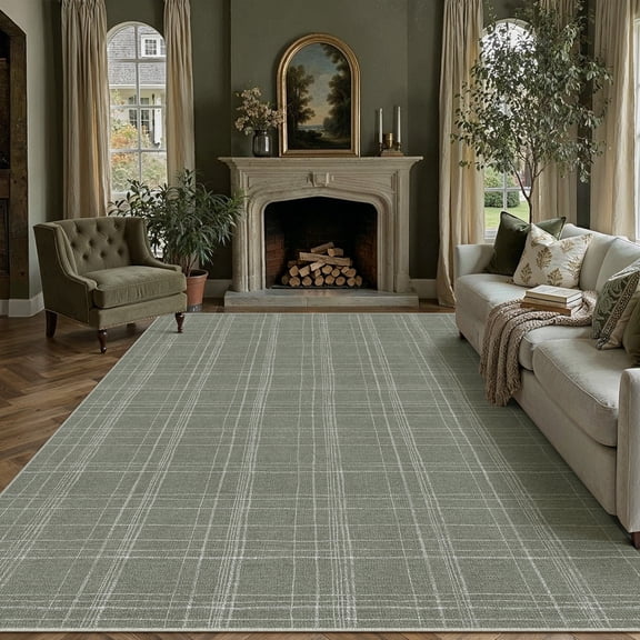 PureCozy 8'x10' Area Rugs for Living Room Bedroom Dining Room Farmhouse Office Modern Plaid Non Slip Geometirc Contemporary Large Green Rugs Carpets, Green