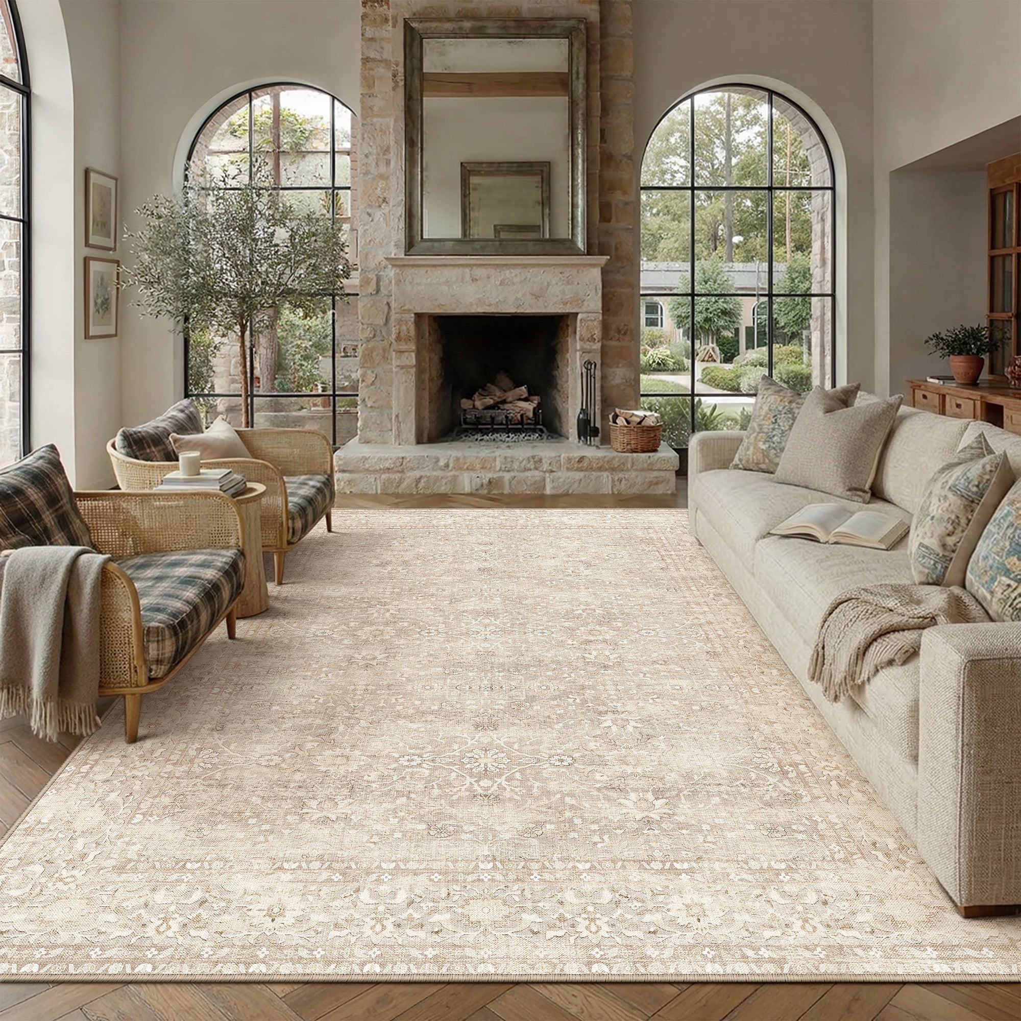 PureCozy 8'x10' Large Area Rugs for Living Room Vintage Oriental Traditional Soft Low Pile Bedroom Dining Room Office Farmhouse Distressed Washable Non-slip Beige Rugs Carpet, Beige