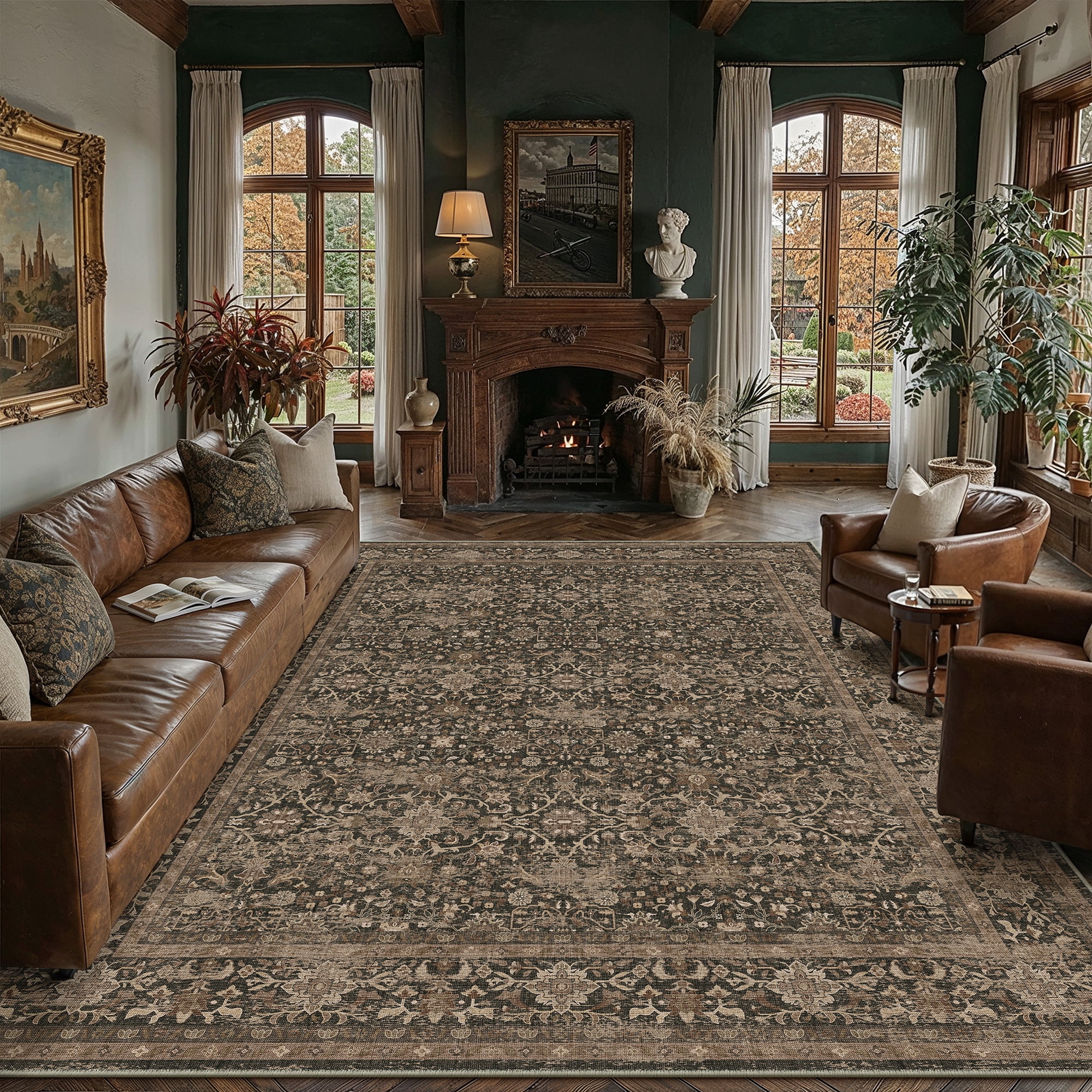 purecozy 8'x10' area rugs for living room bedroom dining room farmhouse office oriental rugs non slip vintage traditional large brown rugs carpets, red brown