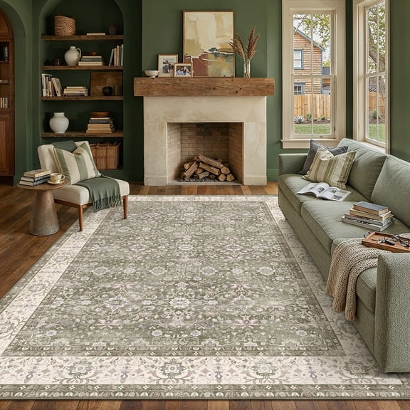 PureCozy 8'x10' Large Area Rugs for Living Room Vintage Oriental Traditional Soft Low Pile Bedroom Dining Room Office Farmhouse Distressed Washable Non-slip Light Green Rugs Carpet, Light Green