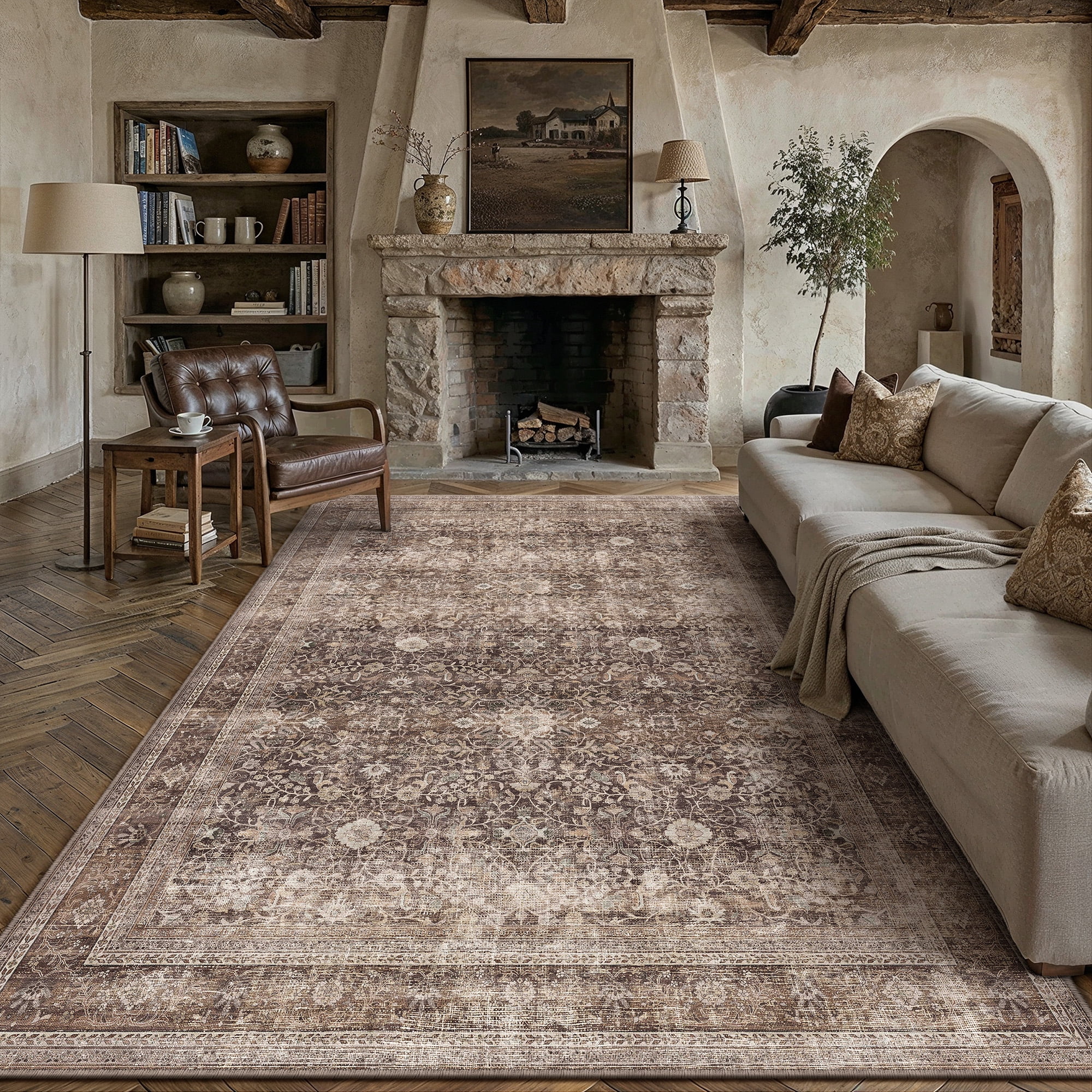 purecozy 8'x10' area rugs for living room bedroom dining room farmhouse office oriental washable non slip vintage traditional large brown rugs carpets, red brown