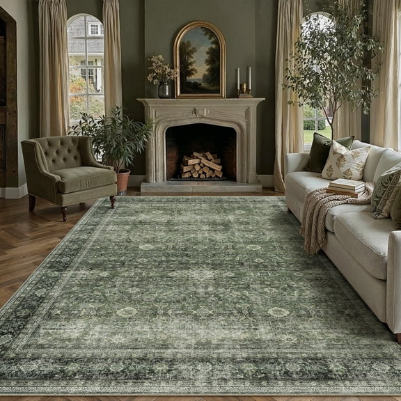 PureCozy 8'x10' Area Rugs for Living Room Bedroom Dining Room Farmhouse Office Oriental Washable Non Slip Vintage Traditional Large Green Rugs Carpets, Green