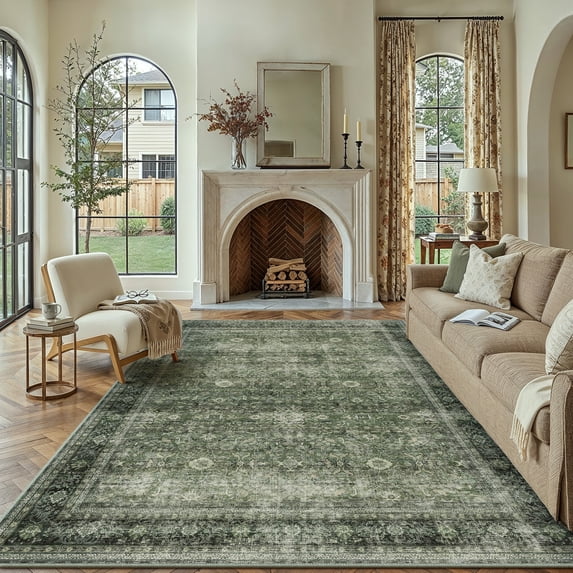 PureCozy 8'x10' Area Rugs for Living Room Bedroom Dining Room Farmhouse Office Oriental Washable Non Slip Vintage Traditional Large Green Rugs Carpets, Green