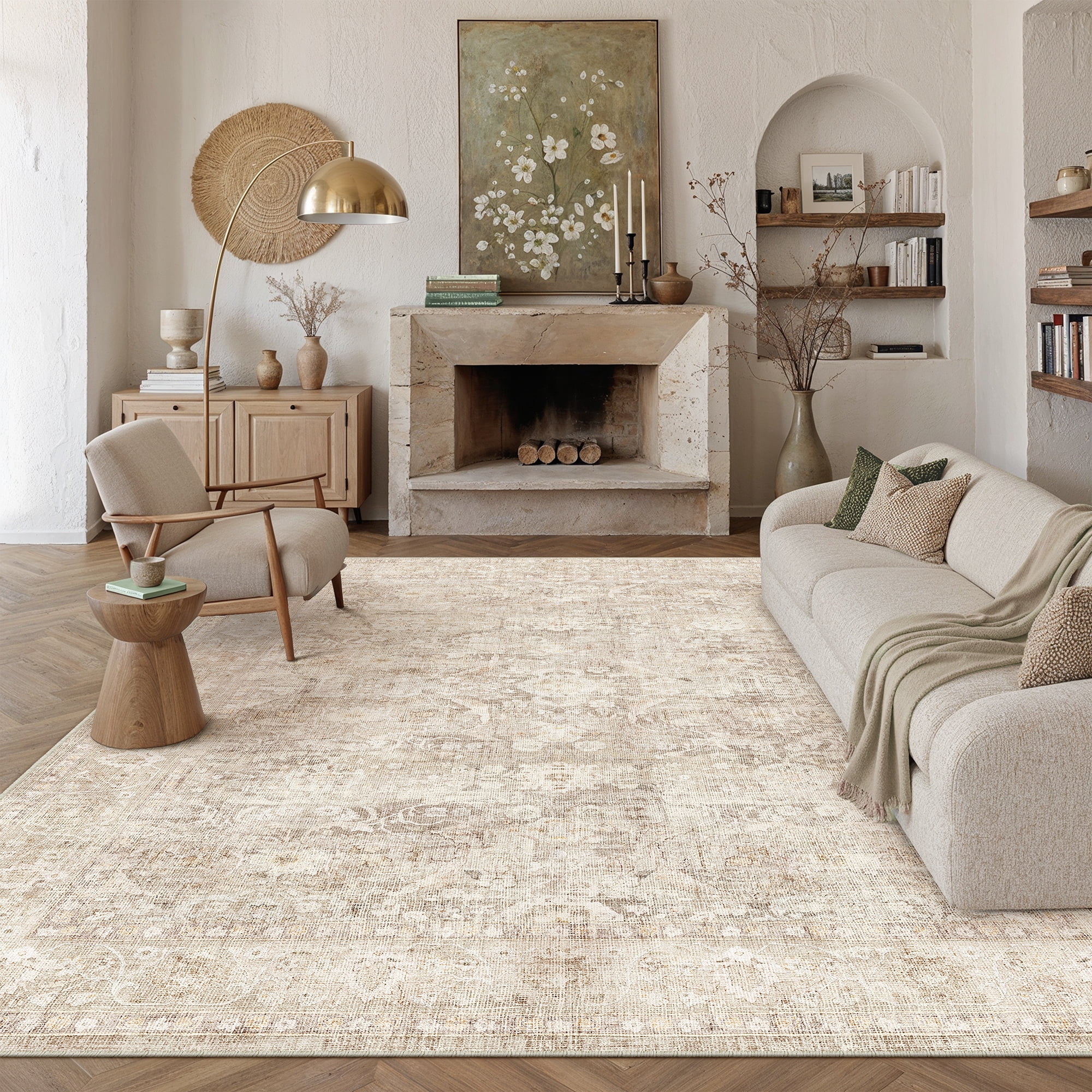 PureCozy 8'x10' Area Rugs for Living Room Bedroom Dining Room Farmhouse Office Washable Non Slip Vintage Oriental Traditional Large Beige Rugs Carpets, Beige