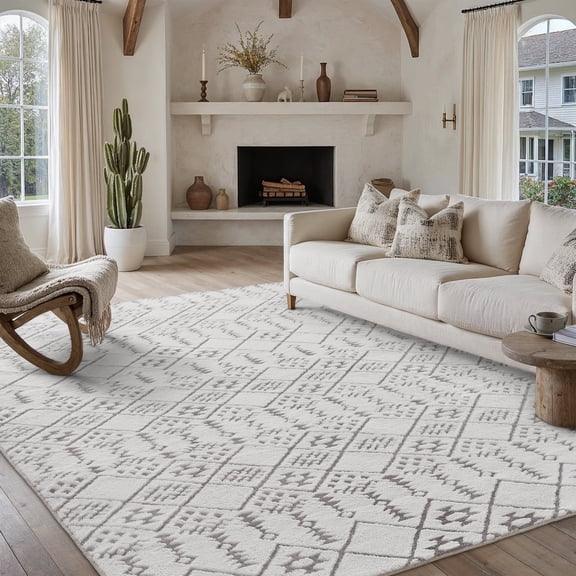 PureCozy 8'x10' Area Rugs for Entryway Entrance Kitchen Bedroom Office Rugs Boho Moroccan Soft Shag Non Slip Checkered Large Washable Rugs, Gray